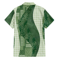 Polynesian Tribal Pattern Patchwork Picturesque Family Matching Long Sleeve Bodycon Dress and Hawaiian Shirt Sage Green