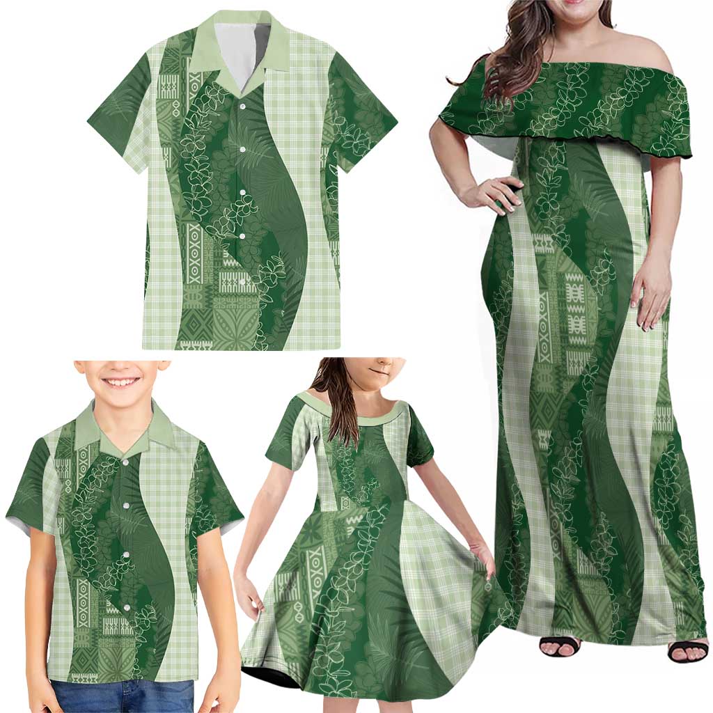 Polynesian Tribal Pattern Patchwork Picturesque Family Matching Off Shoulder Maxi Dress and Hawaiian Shirt Sage Green LT7 - Polynesian Pride