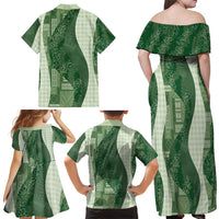 Polynesian Tribal Pattern Patchwork Picturesque Family Matching Off Shoulder Maxi Dress and Hawaiian Shirt Sage Green LT7 - Polynesian Pride