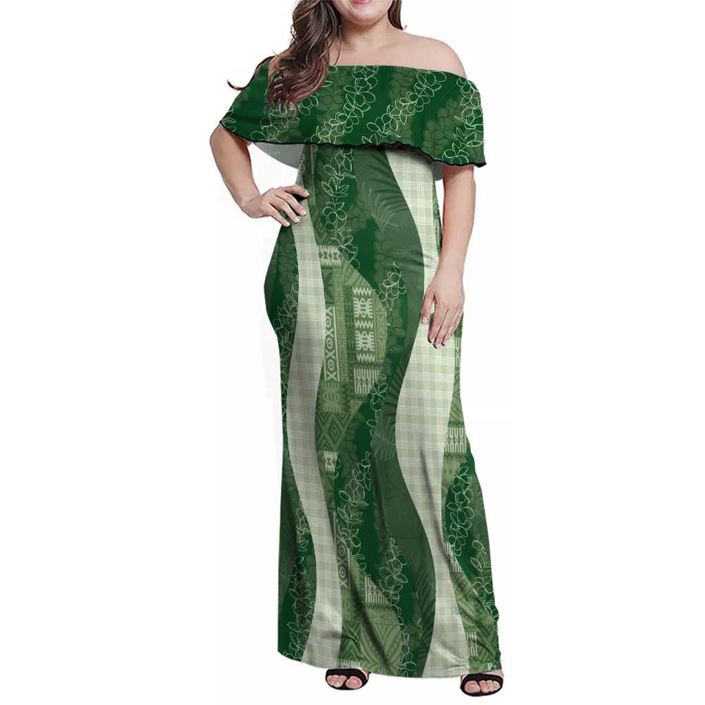 Polynesian Tribal Pattern Patchwork Picturesque Family Matching Off Shoulder Maxi Dress and Hawaiian Shirt Sage Green LT7 Mom's Dress Sage Green - Polynesian Pride