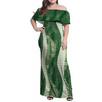 Polynesian Tribal Pattern Patchwork Picturesque Family Matching Off Shoulder Maxi Dress and Hawaiian Shirt Sage Green LT7 Mom's Dress Sage Green - Polynesian Pride