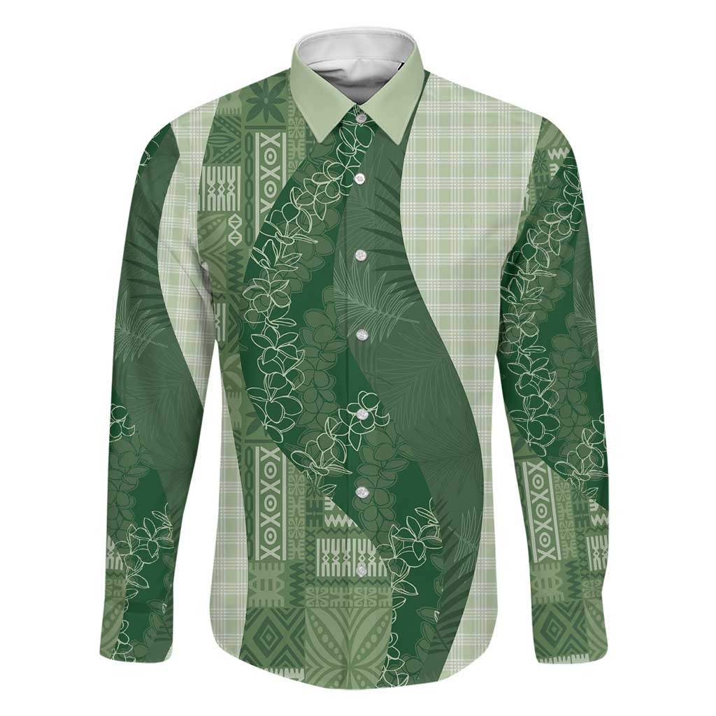 Polynesian Tribal Pattern Patchwork Picturesque Family Matching Puletasi and Hawaiian Shirt Sage Green LT7 Dad's Shirt - Long Sleeve Sage Green - Polynesian Pride