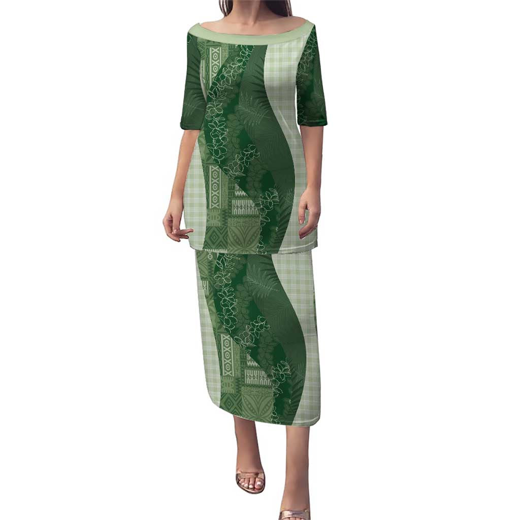 Polynesian Tribal Pattern Patchwork Picturesque Family Matching Puletasi and Hawaiian Shirt Sage Green LT7 Mom's Dress Sage Green - Polynesian Pride