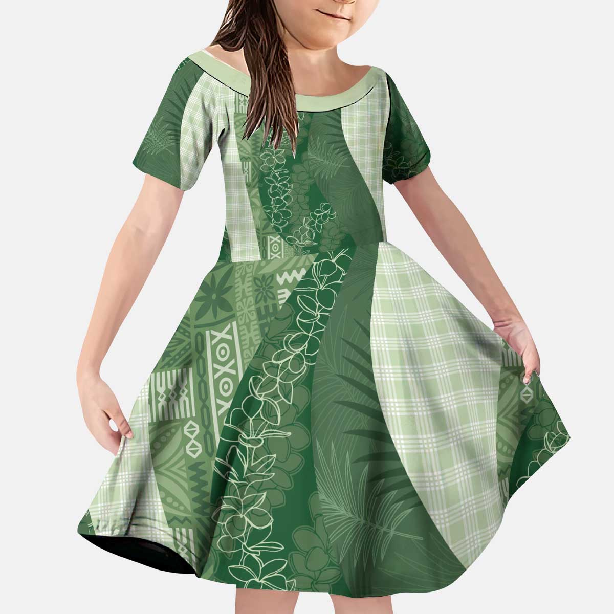 Polynesian Tribal Pattern Patchwork Picturesque Kid Short Sleeve Dress Sage Green LT7 KID Sage Green - Polynesian Pride