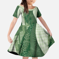Polynesian Tribal Pattern Patchwork Picturesque Kid Short Sleeve Dress Sage Green LT7 KID Sage Green - Polynesian Pride
