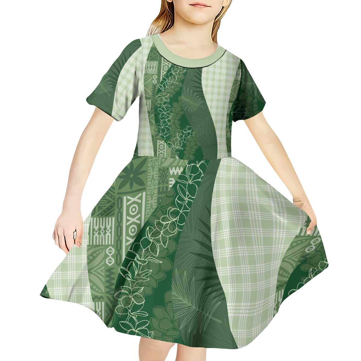 Polynesian Tribal Pattern Patchwork Picturesque Kid Short Sleeve Dress Sage Green LT7 - Polynesian Pride