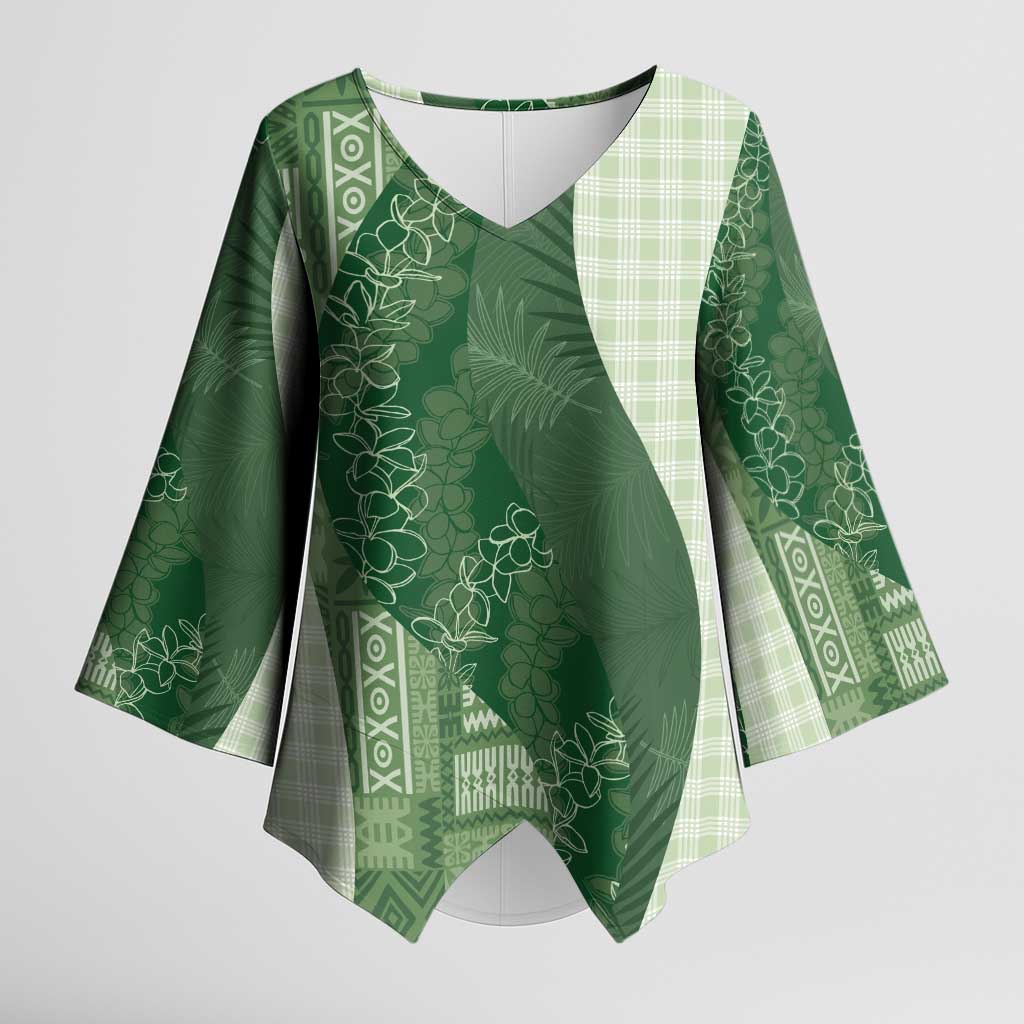 Polynesian Tribal Pattern Patchwork Picturesque Kimono Sleeve Blouse Sage Green