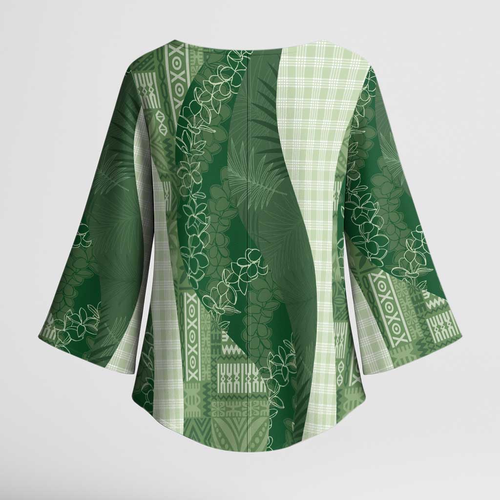 Polynesian Tribal Pattern Patchwork Picturesque Kimono Sleeve Blouse Sage Green
