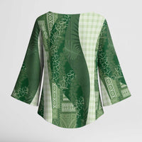 Polynesian Tribal Pattern Patchwork Picturesque Kimono Sleeve Blouse Sage Green