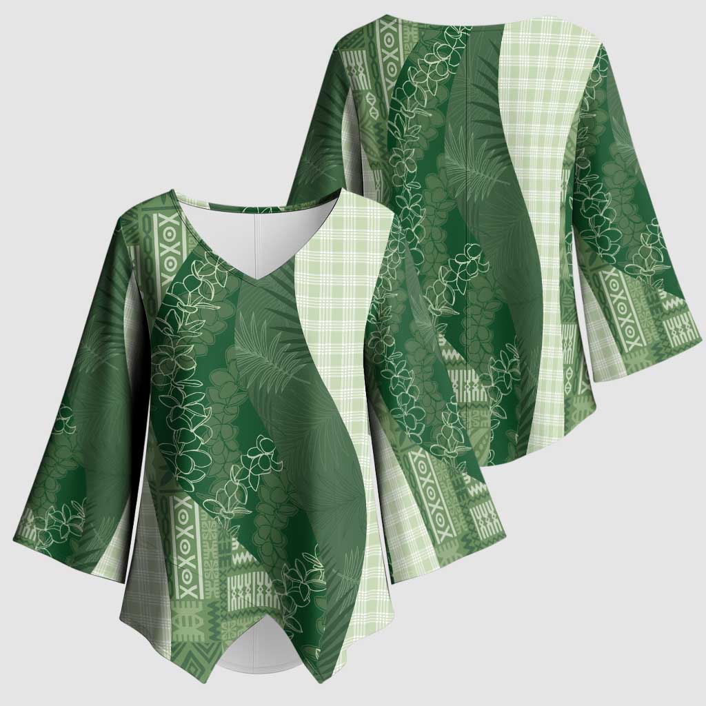 Polynesian Tribal Pattern Patchwork Picturesque Kimono Sleeve Blouse Sage Green