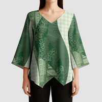 Polynesian Tribal Pattern Patchwork Picturesque Kimono Sleeve Blouse Sage Green