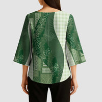 Polynesian Tribal Pattern Patchwork Picturesque Kimono Sleeve Blouse Sage Green