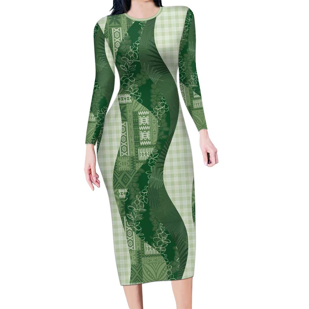 Polynesian Tribal Pattern Patchwork Picturesque Long Sleeve Bodycon Dress Sage Green LT7 Long Dress Sage Green - Polynesian Pride