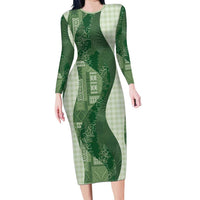 Polynesian Tribal Pattern Patchwork Picturesque Long Sleeve Bodycon Dress Sage Green LT7 Long Dress Sage Green - Polynesian Pride