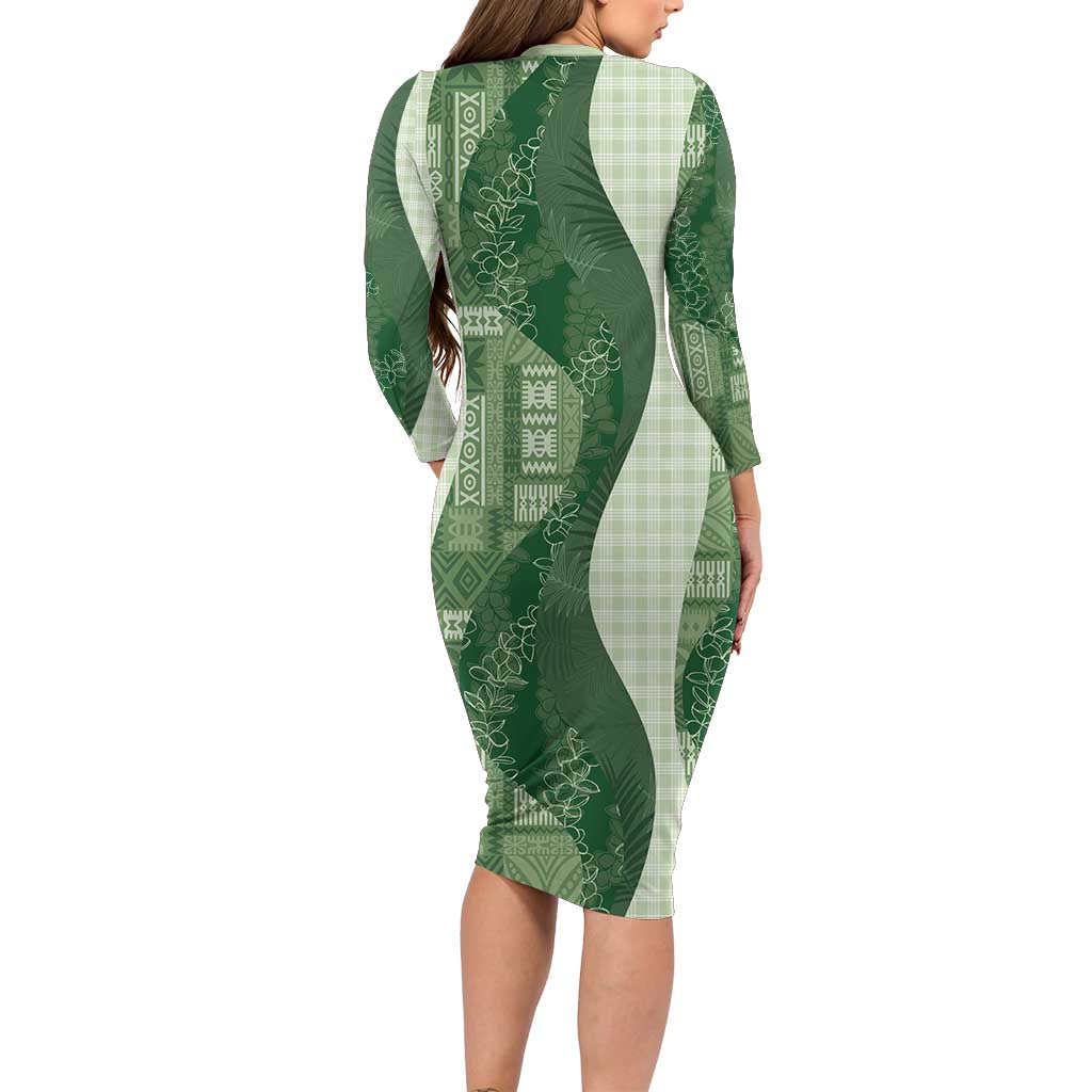 Polynesian Tribal Pattern Patchwork Picturesque Long Sleeve Bodycon Dress Sage Green LT7 - Polynesian Pride