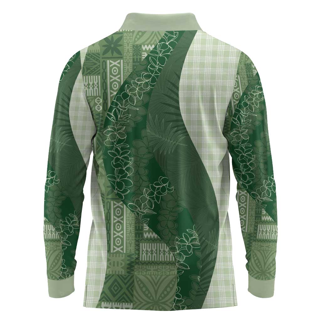 Polynesian Tribal Pattern Patchwork Picturesque Long Sleeve Polo Shirt Sage Green LT7 - Polynesian Pride