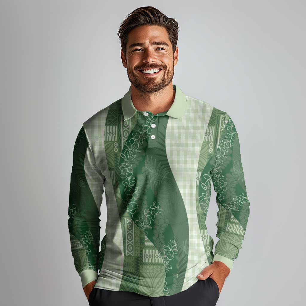 Polynesian Tribal Pattern Patchwork Picturesque Long Sleeve Polo Shirt Sage Green LT7 - Polynesian Pride
