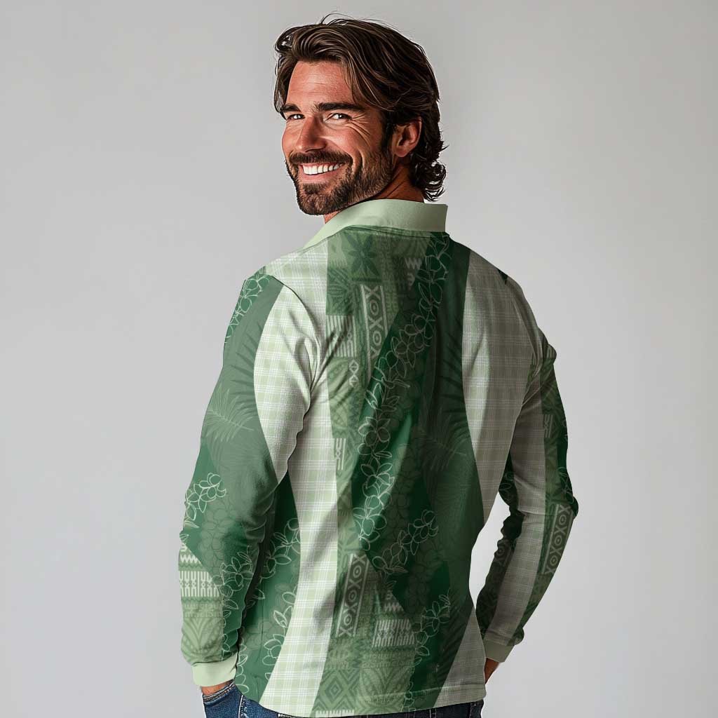 Polynesian Tribal Pattern Patchwork Picturesque Long Sleeve Polo Shirt Sage Green LT7 - Polynesian Pride
