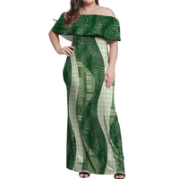 Polynesian Tribal Pattern Patchwork Picturesque Off Shoulder Maxi Dress Sage Green