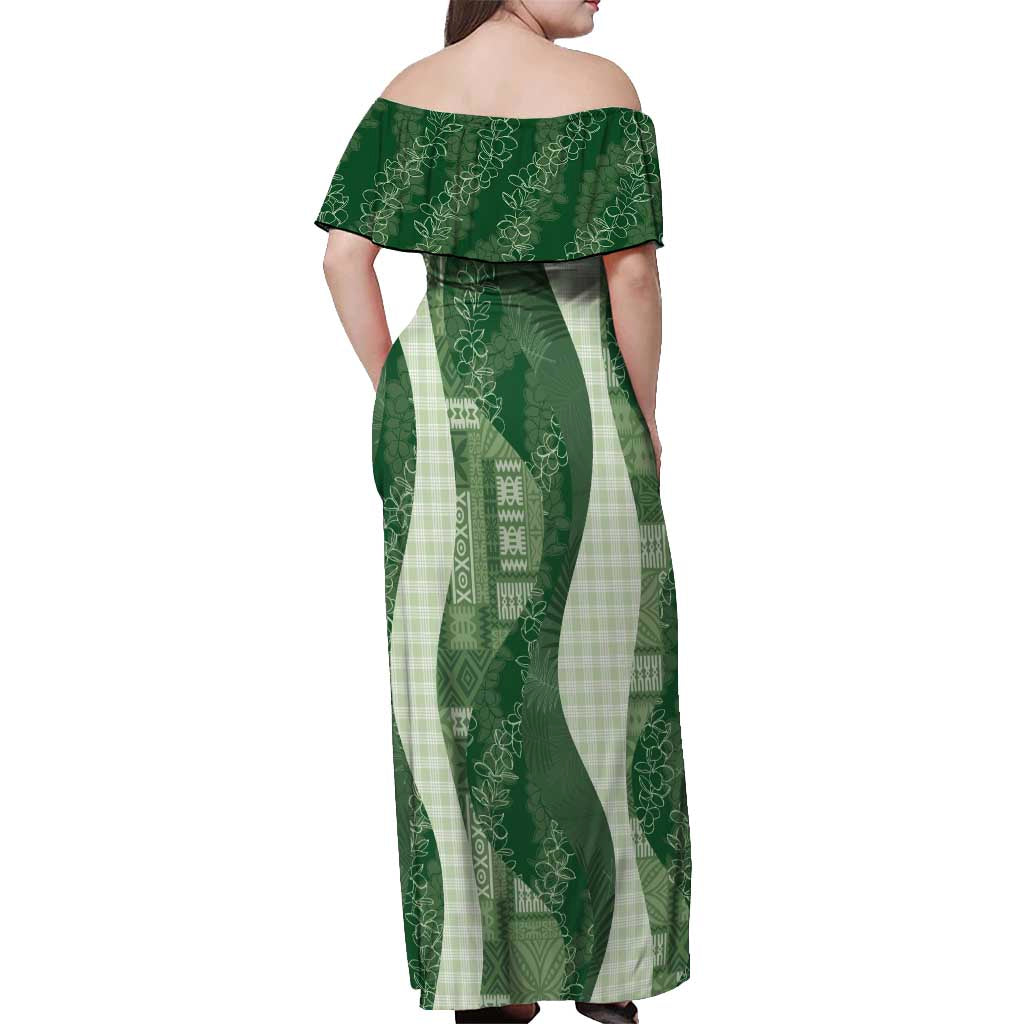 Polynesian Tribal Pattern Patchwork Picturesque Off Shoulder Maxi Dress Sage Green