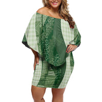 Polynesian Tribal Pattern Patchwork Picturesque Off Shoulder Short Dress Sage Green LT7 Women Sage Green - Polynesian Pride