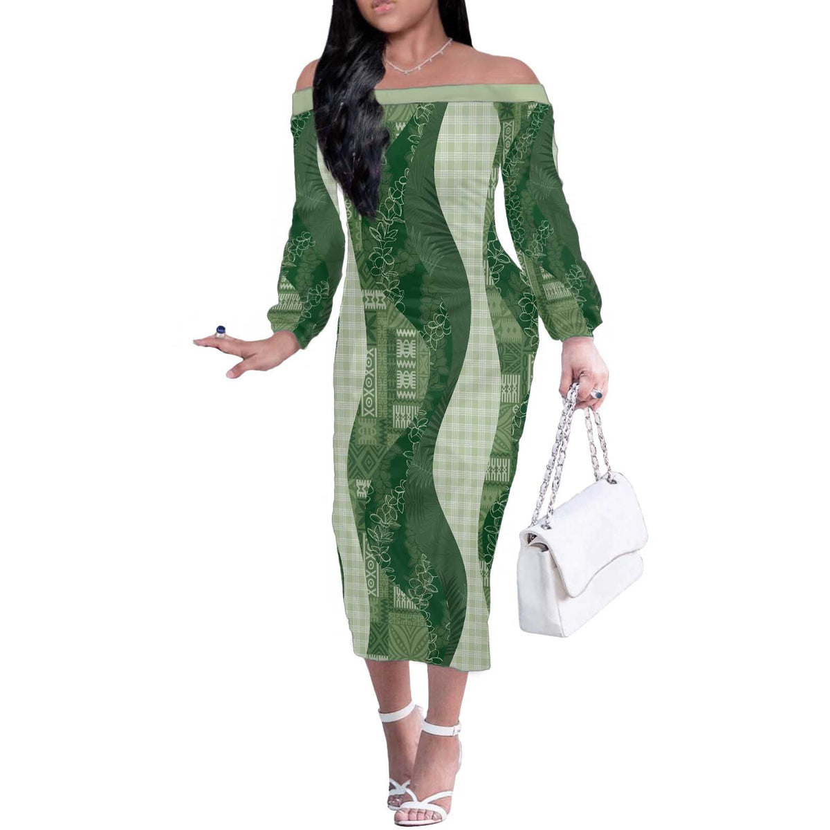 Polynesian Tribal Pattern Patchwork Picturesque Off The Shoulder Long Sleeve Dress Sage Green LT7 Women Sage Green - Polynesian Pride
