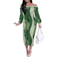 Polynesian Tribal Pattern Patchwork Picturesque Off The Shoulder Long Sleeve Dress Sage Green LT7 Women Sage Green - Polynesian Pride