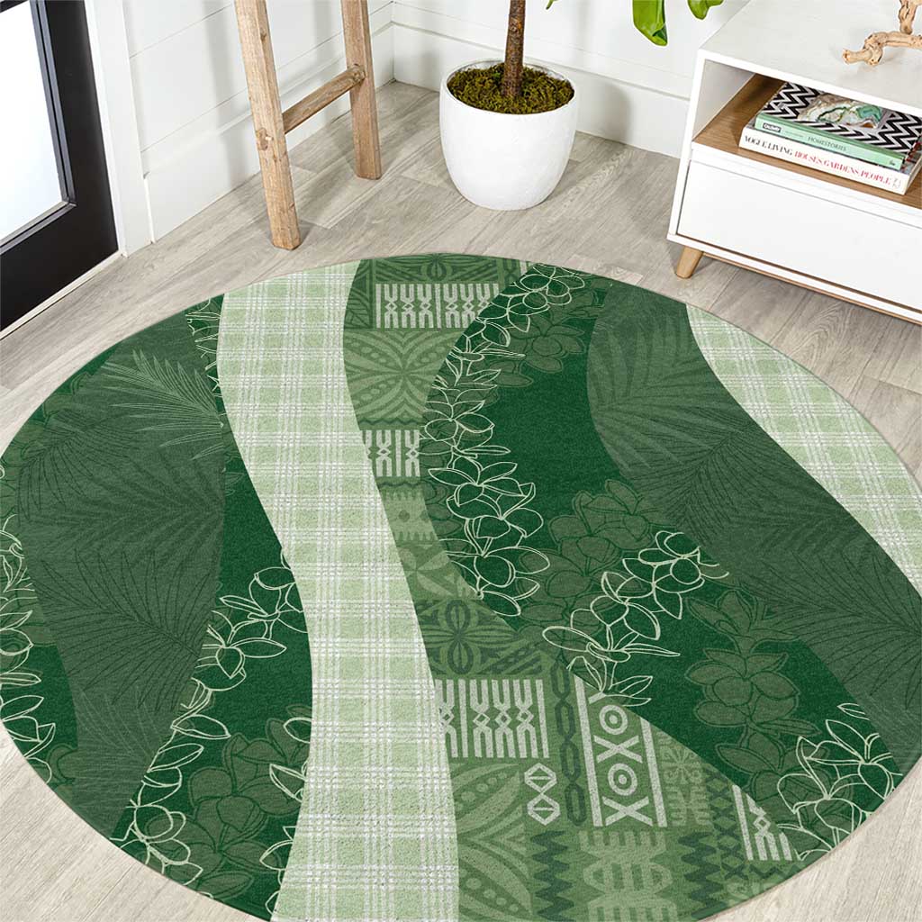 Polynesian Tribal Pattern Patchwork Picturesque Round Carpet Sage Green