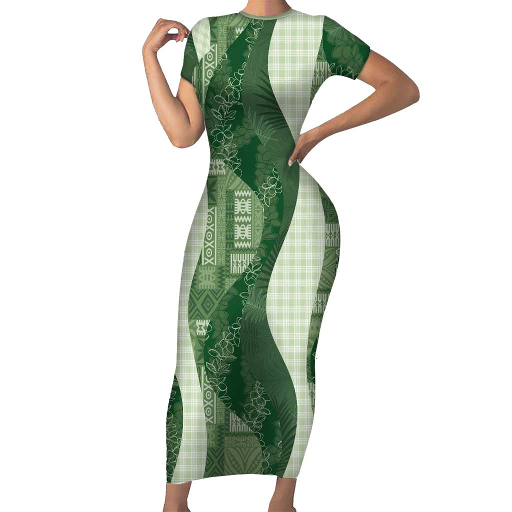 Polynesian Tribal Pattern Patchwork Picturesque Short Sleeve Bodycon Dress Sage Green LT7 Long Dress Sage Green - Polynesian Pride