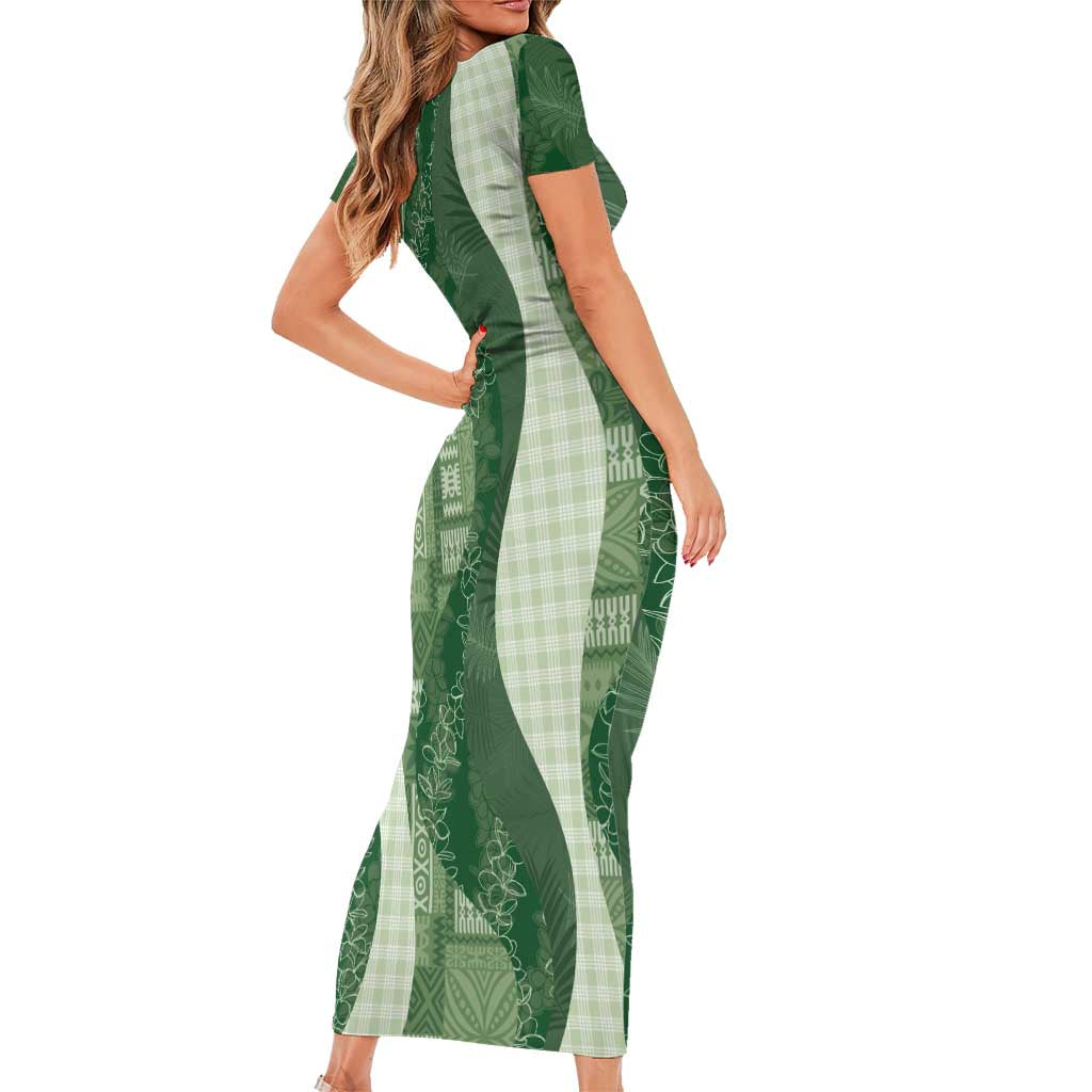 Polynesian Tribal Pattern Patchwork Picturesque Short Sleeve Bodycon Dress Sage Green LT7 - Polynesian Pride