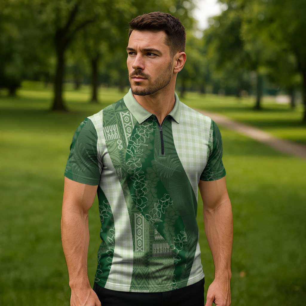 Polynesian Tribal Pattern Patchwork Picturesque Zipper Polo Shirt Sage Green LT7 - Polynesian Pride