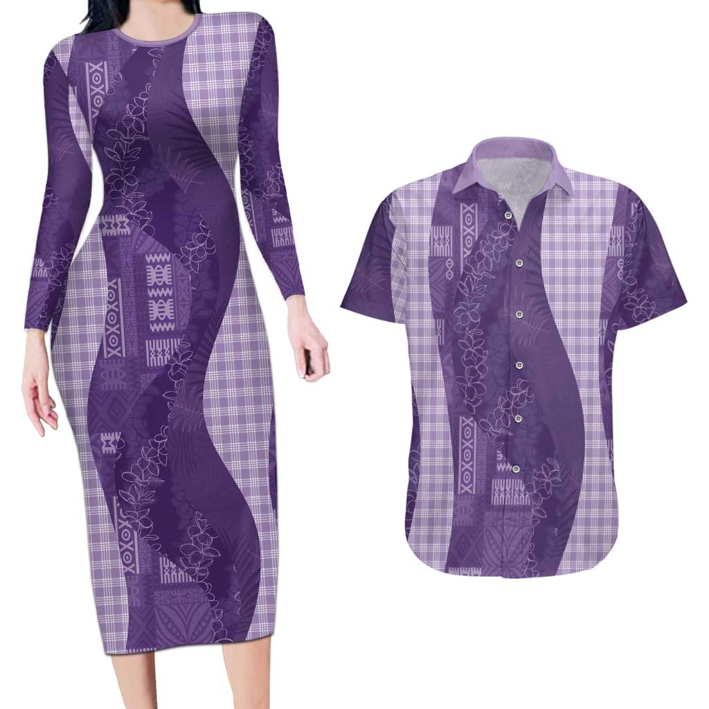Polynesian Tribal Pattern Patchwork Picturesque Couples Matching Long Sleeve Bodycon Dress and Hawaiian Shirt Deep Violet LT7 Violet - Polynesian Pride