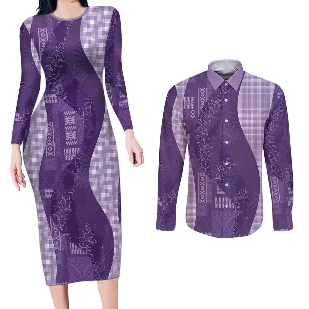 Polynesian Tribal Pattern Patchwork Picturesque Couples Matching Long Sleeve Bodycon Dress and Long Sleeve Button Shirt Deep Violet LT7 Violet - Polynesian Pride