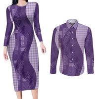 Polynesian Tribal Pattern Patchwork Picturesque Couples Matching Long Sleeve Bodycon Dress and Long Sleeve Button Shirt Deep Violet LT7 Violet - Polynesian Pride