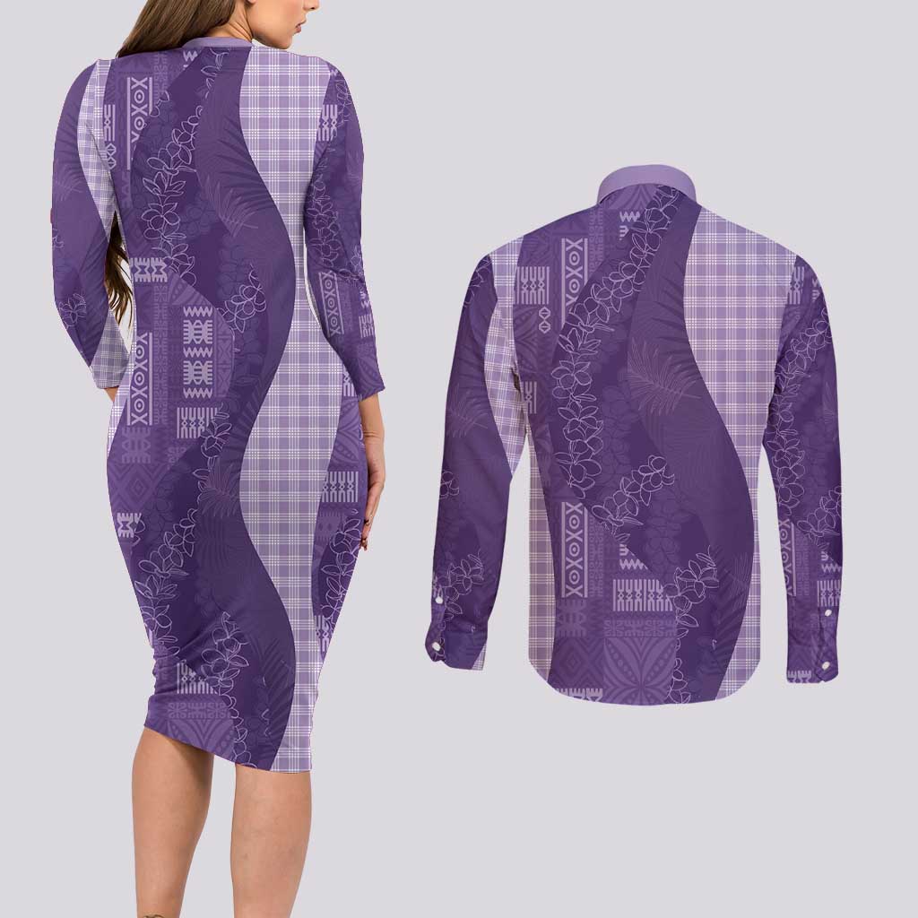 Polynesian Tribal Pattern Patchwork Picturesque Couples Matching Long Sleeve Bodycon Dress and Long Sleeve Button Shirt Deep Violet LT7 - Polynesian Pride