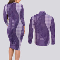 Polynesian Tribal Pattern Patchwork Picturesque Couples Matching Long Sleeve Bodycon Dress and Long Sleeve Button Shirt Deep Violet LT7 - Polynesian Pride