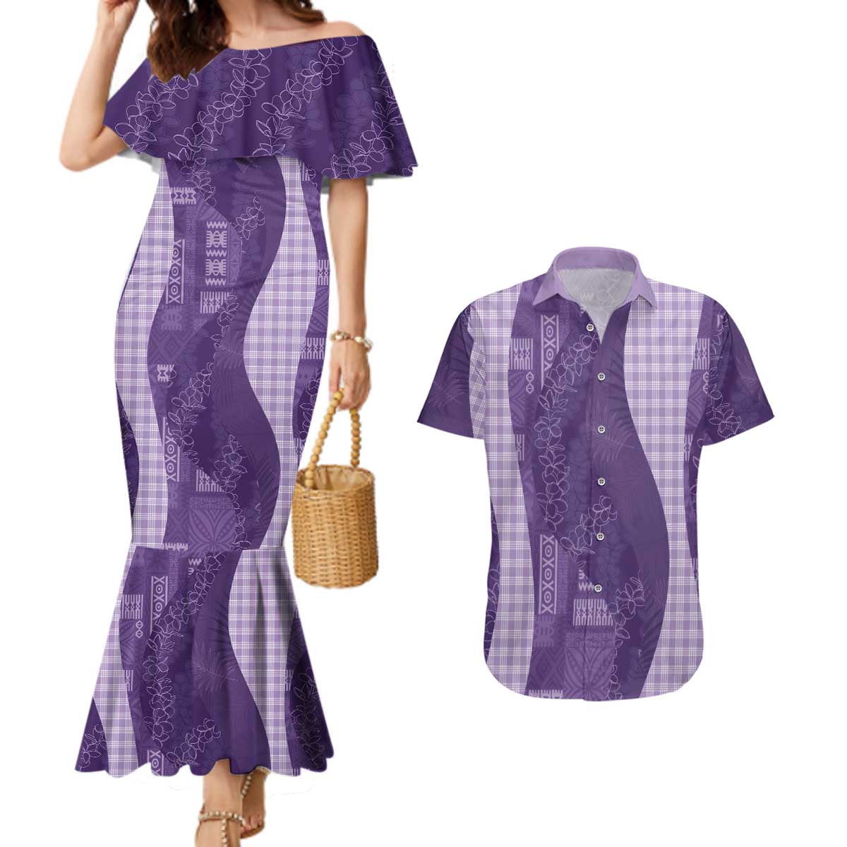 Polynesian Tribal Pattern Patchwork Picturesque Couples Matching Mermaid Dress and Hawaiian Shirt Deep Violet LT7 Violet - Polynesian Pride