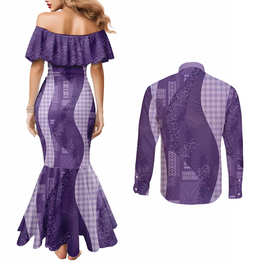 Polynesian Tribal Pattern Patchwork Picturesque Couples Matching Mermaid Dress and Long Sleeve Button Shirt Deep Violet LT7 - Polynesian Pride