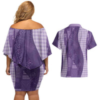 Polynesian Tribal Pattern Patchwork Picturesque Couples Matching Off Shoulder Short Dress and Hawaiian Shirt Deep Violet LT7 - Polynesian Pride