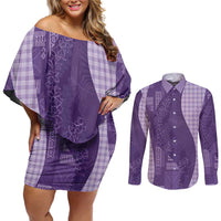 Polynesian Tribal Pattern Patchwork Picturesque Couples Matching Off Shoulder Short Dress and Long Sleeve Button Shirt Deep Violet