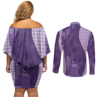 Polynesian Tribal Pattern Patchwork Picturesque Couples Matching Off Shoulder Short Dress and Long Sleeve Button Shirt Deep Violet