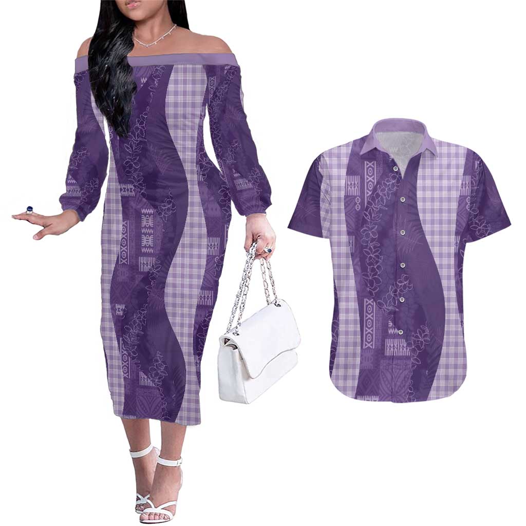 Polynesian Tribal Pattern Patchwork Picturesque Couples Matching Off The Shoulder Long Sleeve Dress and Hawaiian Shirt Deep Violet LT7 Violet - Polynesian Pride