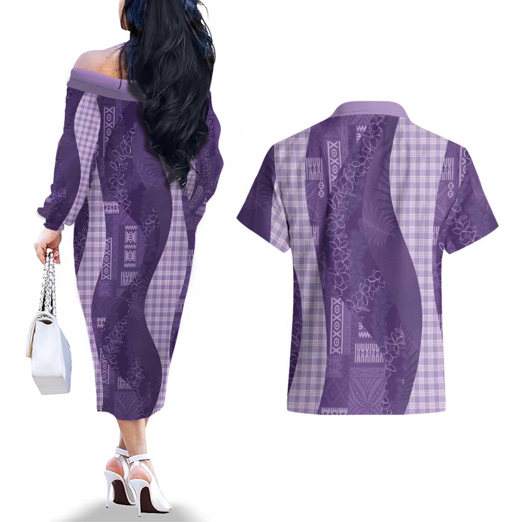 Polynesian Tribal Pattern Patchwork Picturesque Couples Matching Off The Shoulder Long Sleeve Dress and Hawaiian Shirt Deep Violet LT7 - Polynesian Pride