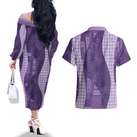 Polynesian Tribal Pattern Patchwork Picturesque Couples Matching Off The Shoulder Long Sleeve Dress and Hawaiian Shirt Deep Violet LT7 - Polynesian Pride