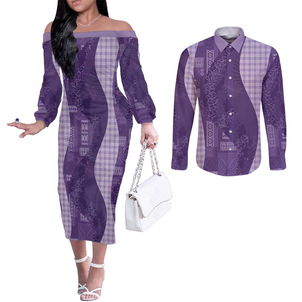 Polynesian Tribal Pattern Patchwork Picturesque Couples Matching Off The Shoulder Long Sleeve Dress and Long Sleeve Button Shirt Deep Violet LT7 Violet - Polynesian Pride