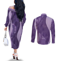 Polynesian Tribal Pattern Patchwork Picturesque Couples Matching Off The Shoulder Long Sleeve Dress and Long Sleeve Button Shirt Deep Violet LT7 - Polynesian Pride