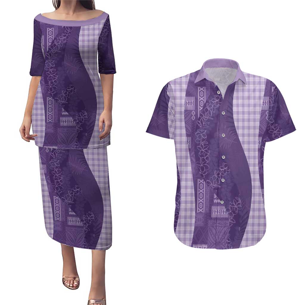 Polynesian Tribal Pattern Patchwork Picturesque Couples Matching Puletasi and Hawaiian Shirt Deep Violet LT7 Violet - Polynesian Pride