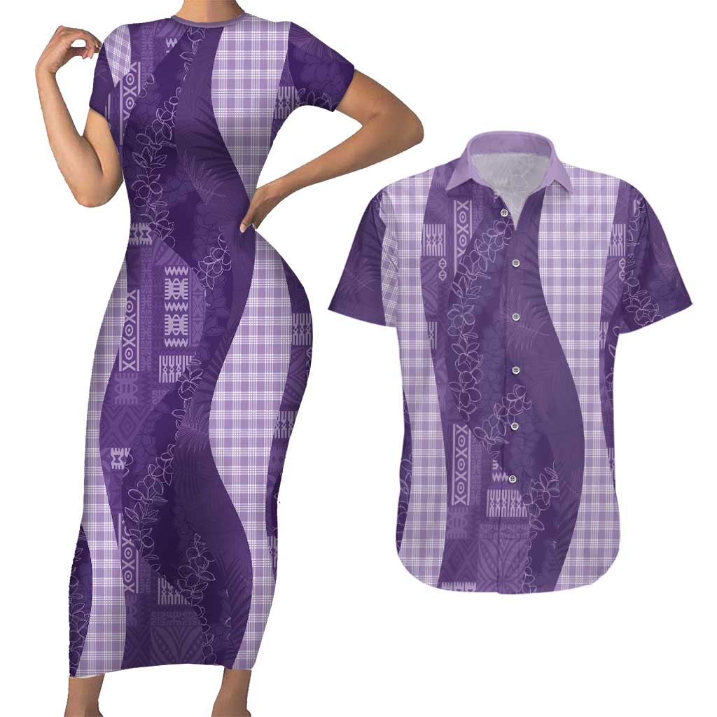 Polynesian Tribal Pattern Patchwork Picturesque Couples Matching Short Sleeve Bodycon Dress and Hawaiian Shirt Deep Violet LT7 Violet - Polynesian Pride