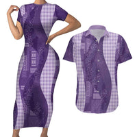 Polynesian Tribal Pattern Patchwork Picturesque Couples Matching Short Sleeve Bodycon Dress and Hawaiian Shirt Deep Violet LT7 Violet - Polynesian Pride