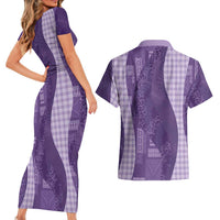 Polynesian Tribal Pattern Patchwork Picturesque Couples Matching Short Sleeve Bodycon Dress and Hawaiian Shirt Deep Violet LT7 - Polynesian Pride
